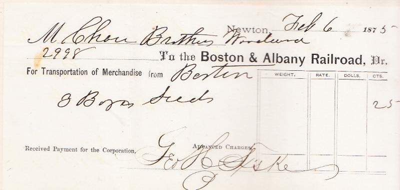 Boston & Albany RR. Receipt 1875  Worcester