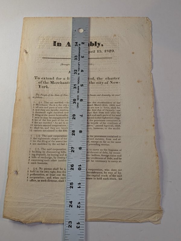 1829 NY Assembly Act Extending Merchants' Bank Charter Historic Document