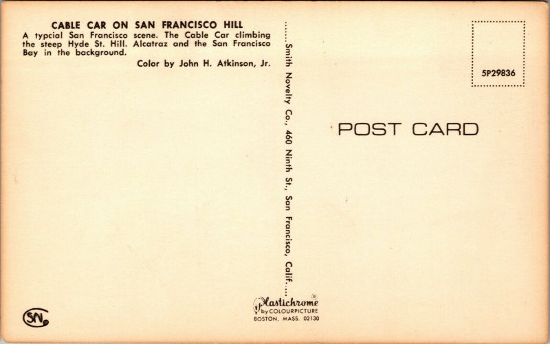 Vtg Cable Car Hyde Street Hill Alcatraz San Francisco Bay California CA Postcard