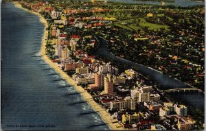 Miami Beach Birds Eye View Florida Scenic Downtown Skyline Linen Postcard 