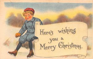 Holiday Greetings  WISHING YOU A MERRY CHRISTMAS Boy In Ice Skates 1913 Postcard