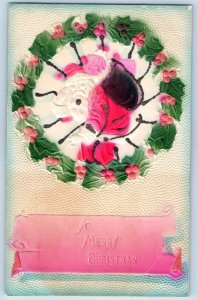 Christmas Postcard Santa Claus Wreath Berries Glitter Airbrushed Embossed 1909