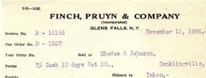 1924 GLENS FALLS NY FINCH PRUYN & COMPANY BUILDING SUPPLY INVOICE BILLHEAD Z4241