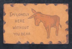 VINTAGE LEATHER POSTCARD DONKEY 1906 COLUMBIA MO. TO LANCASTER MISSOURI