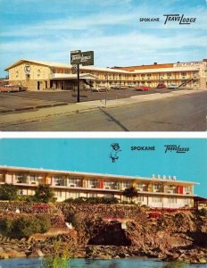 2~Postcards Spokane, WA Washington TRAVELODGE MOTEL Street & Water View ROADSIDE