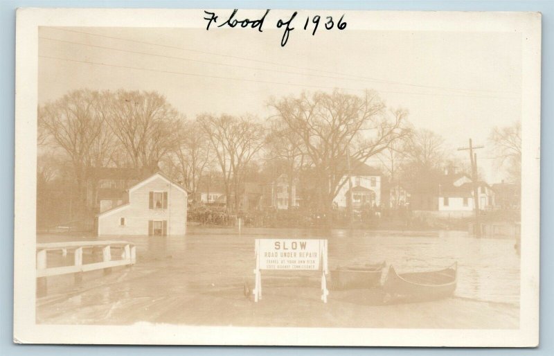 Postcard CT Hartford 1936 Flood Real Photo RPPC Road Construction Sign T9