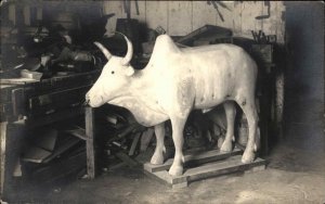 Wooden Carved Zebu - Possibly Made For Perry's Nut House Belfast ME RPPC