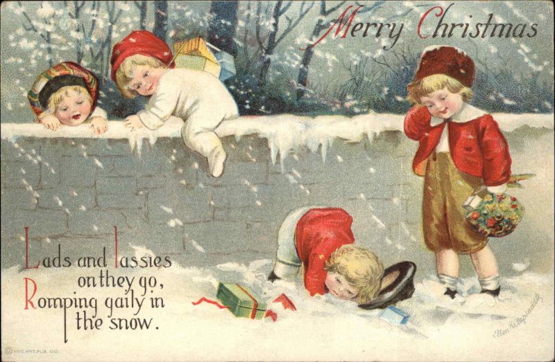 Clapsaddle Christmas Int'l Art Children Climbing in Snow Vintage Postcard