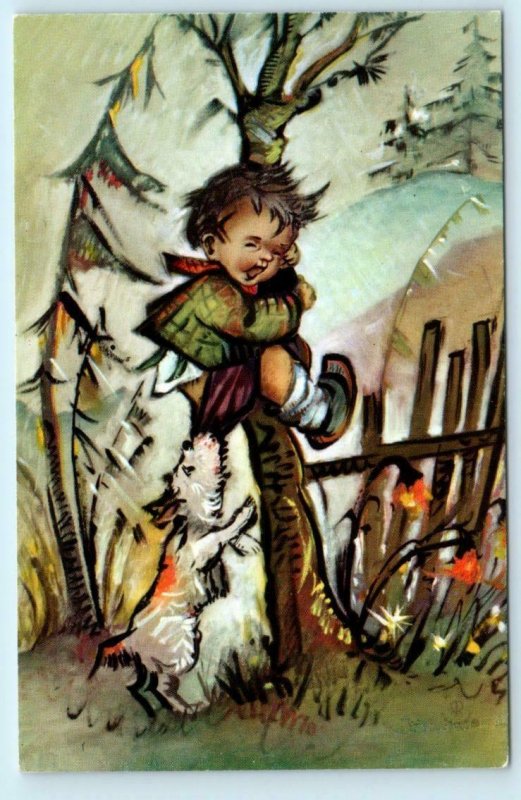 Mainzer LITTLE FOLKS Hummel Style Art BOY & DOG Climbing Tree  Postcard