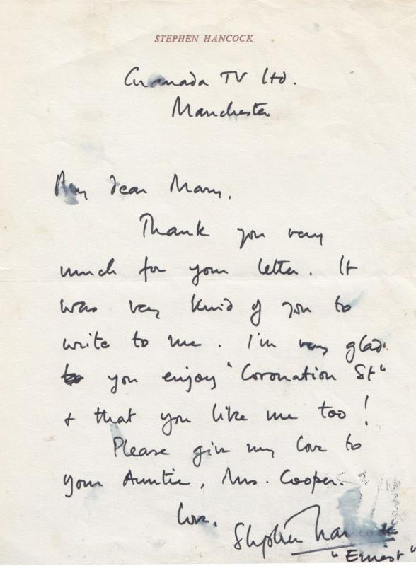 Stephen Hancock Ernest Bishop Coronation Street Hand Written Signed Letter