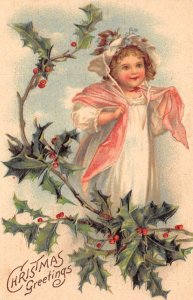 Christmas Greetings Girl With Hollies, Embossed, Vintage Postcard U9043