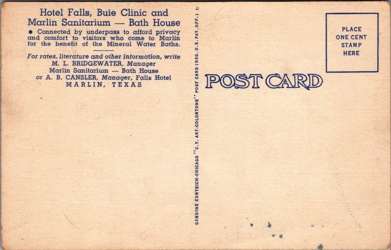 Postcard Marlin Texas Hot Wells Buie Clinic + Hotel Falls TX