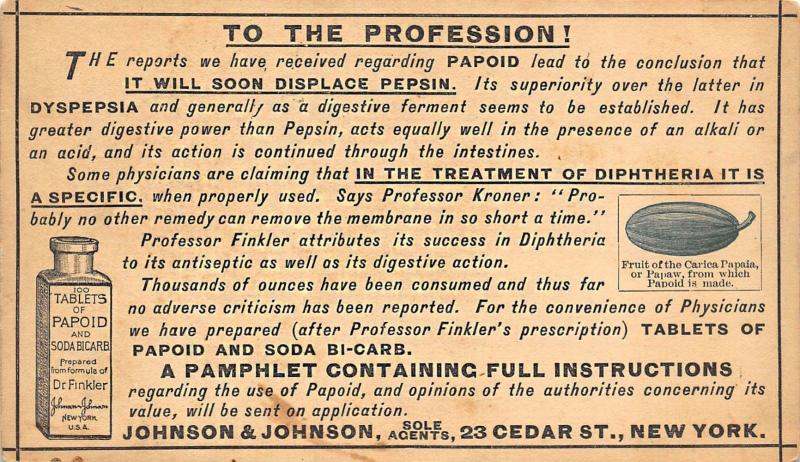 1887 Johnson & Johnson Dr Finkler Drugs Dyspepsia Collar Stamp Box Postcard