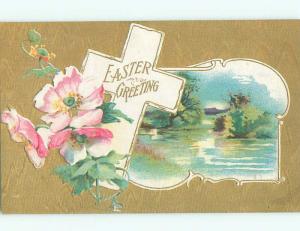 Unused Pre-Linen easter religious JESUS CROSS WITH FLOWERS AND LAKE SCENE J1976