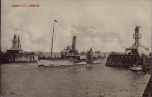 Lowestoft Harbor UK Lighthouses & Steamer Ship c1910 Postcard