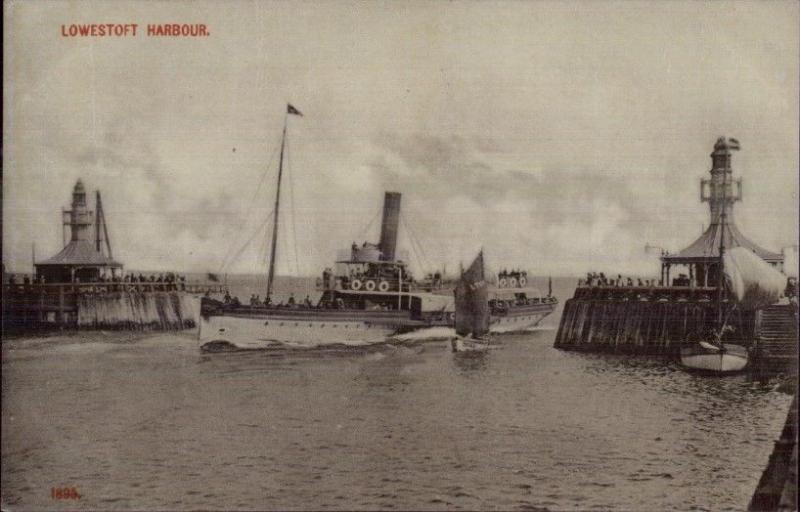 Lowestoft Harbor UK Lighthouses & Steamer Ship c1910 Postcard