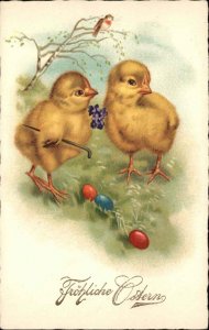 Easter Chick with Cane Bird Eggs c1900s-10s Postcard