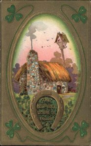St Patrick's Day Stone Hut Good Luck Clovers Ireland c1910 Vintage Postcard