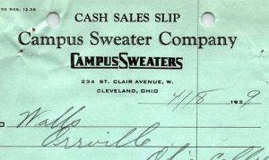 1939 CAMPUS SWEATER COMPANY CLEVELAND OH WALL'S ORRVILLE BILLHEAD CASH SLIP Z995