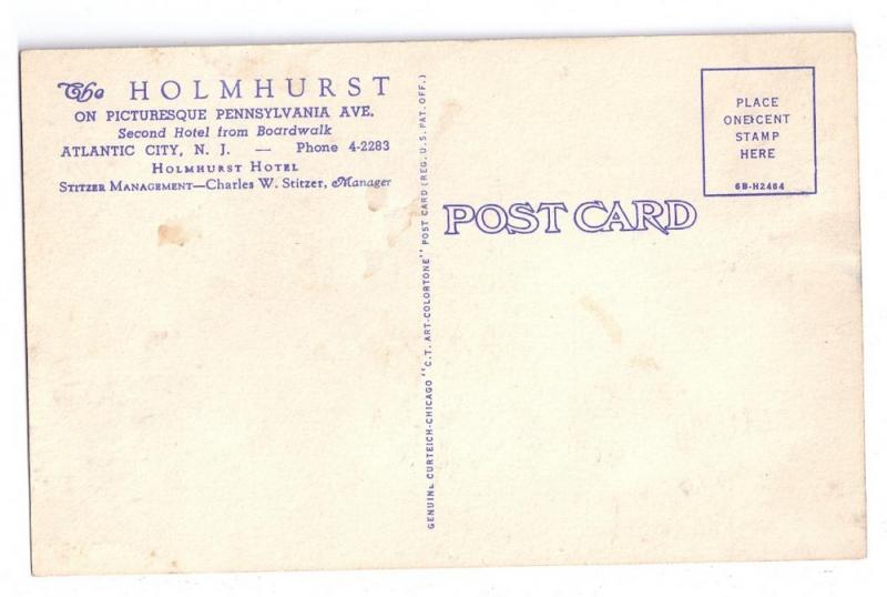 Atlantic City NJ Holmhurst Hotel 1946 Curteich Linen