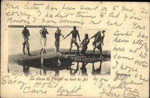 Cairo Egypt Nile Rivre Indigenous Men Beating Crocodile Vintage Postcard