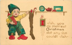 c1913 Christmas Postcard Bernhardt Wall Dutch Kid Hangs Stocking, Hand-Colored
