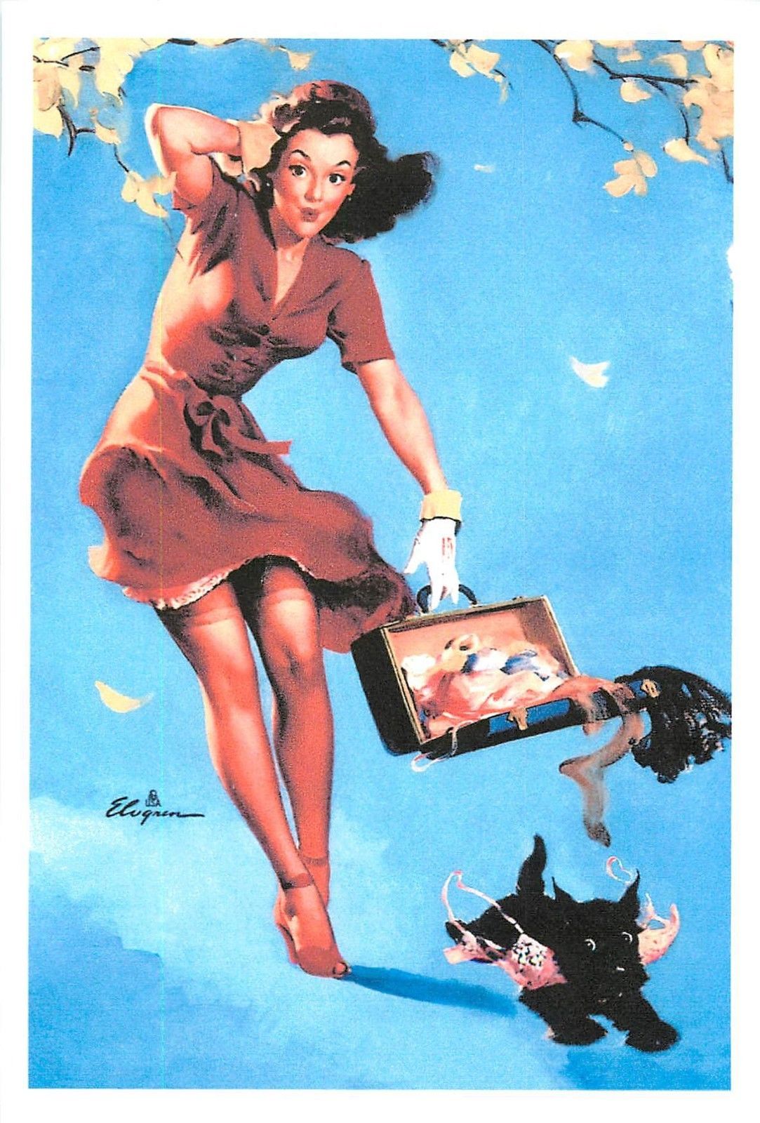 REPRODUCTION Postcard Sexy Erotic Pin-up Lady Suitcase Disaster Dod Bras