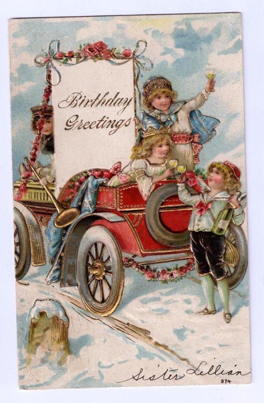 Birthday Children in Auto with Champagne Gilded 1907