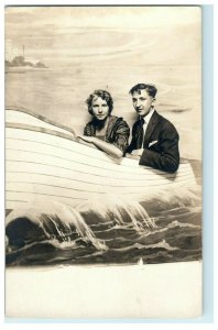 c1910 Couple Riding Boat California Studio Portrait RPPC Photo Antique Postcard