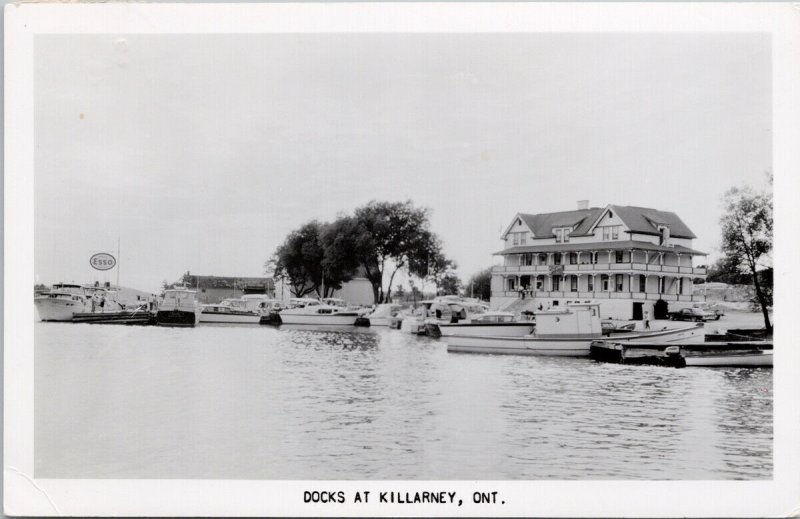 Killarney Ontario ON Docks Sportsman's Inn Boats Esso Sign c1964 RP Postcard H19