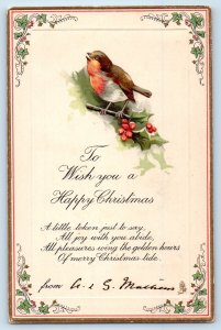 c1910's Christmas Song Bird And Holly Berries Embossed Tuck Antique Postcard