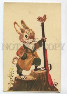 3126735 Dressed Rabbit BUNNY as Hunter w/ Gun Old Color PC