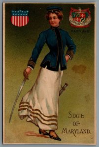 Postcard Maryland c1910s State Girl Embossed Langsdorf Female Cadet with Sword