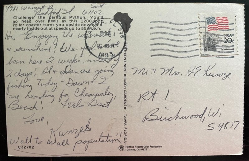 Vintage Postcard 1983 The Python Roller Coaster, Busch Gardens, Florida (FL)