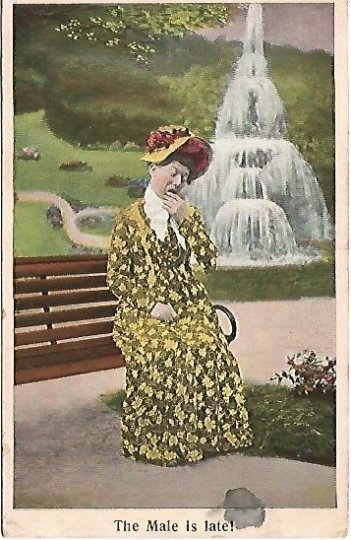 Antique 1908 Postcard Comic Old Maid The Male Is Late! Yellow Floral Dress