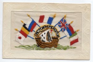 Greetings Embroirdered Silk Ships World Flags Vintage Postcard AA53554