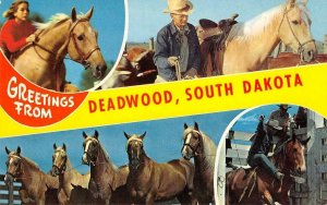 South Dakota Greetings DEADWOOD Cowboys Horses Ranch c1950s Vintage Postcard