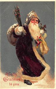 A Jolly Christmas Dark Purple Suited Santa Switches Embossed Postcard