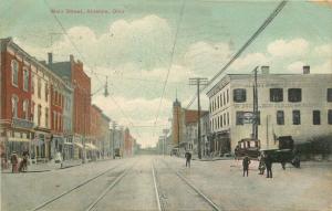 ALLIANCE OHIO 1909 Main Street Mowrer postcard 5279 Railroad Tracks autos