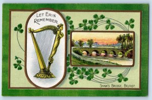 St. Patrick's Day Postcard Harp Shamrock Shaw's Bridge Belfast Embossed c1910's