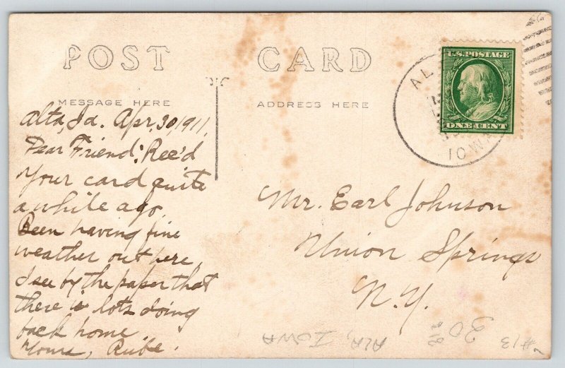 Alta Iowa~RR Depot~Grain Elevator~School~Opera House~MJ Conner Co~1911 RPPC