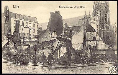 france, LILLE, Décombres devant la Cathédrale 1915 WWI