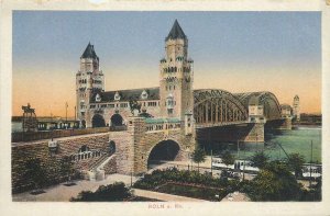 Postcard Germany Koln bridge tram architecture engineering river towers statue