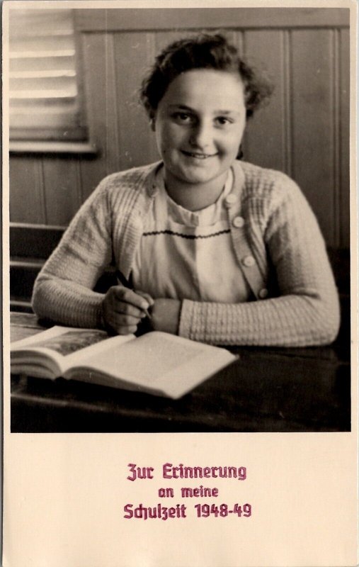 Austria Girl with Book In Memory of School Days 1948-1949 RPPC Postcard A24