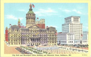 City Hall/Municipal Office Building/Memorial Plaza Linen Baltimore MD Postcard