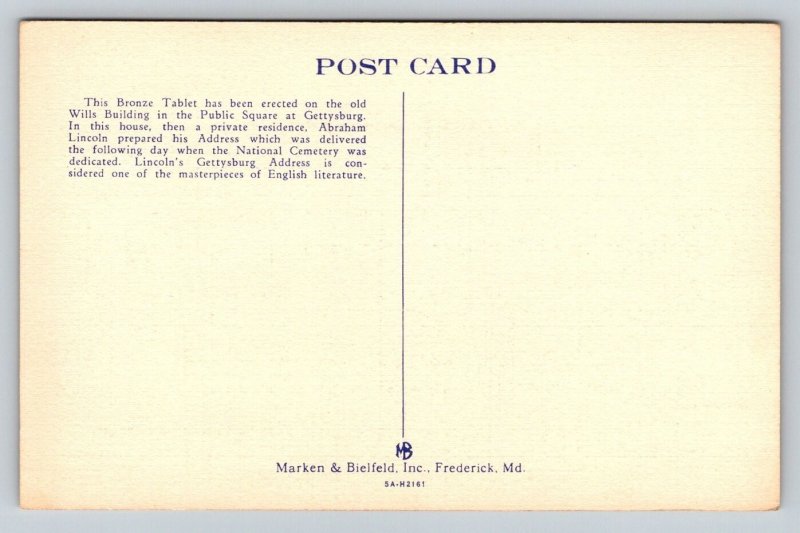 Gettysburg Lincoln's Address Bronze Tablet Linen Postcard Unposted