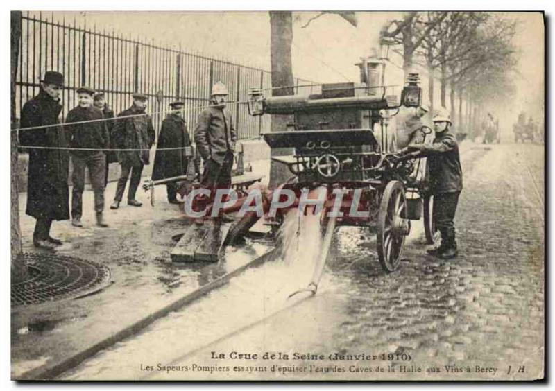 Old Postcard Paris Fire Brigade The flood of the Seine Water Halle cellars wi...