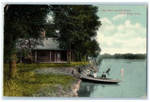 1908 Canoeing Boat Log Cabin Launch Scene Cedar Falls Iowa IA Vintage Postcard