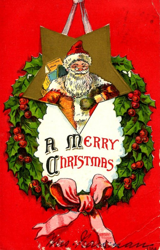 Greeting - Christmas, Santa Claus, Brown Suit & Red Hat  (creases)