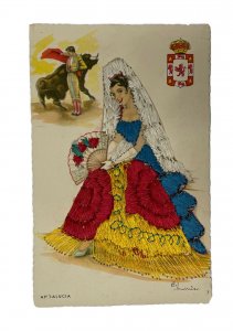 Lot 3 Espagne Brodé Cartes Postales Flamenco Dancer Matador Artiste Signé Rare